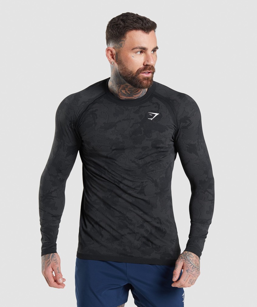 Black / Grey Men's Gymshark Geo Seamless Long Sleeve T-Shirts | USA-08236