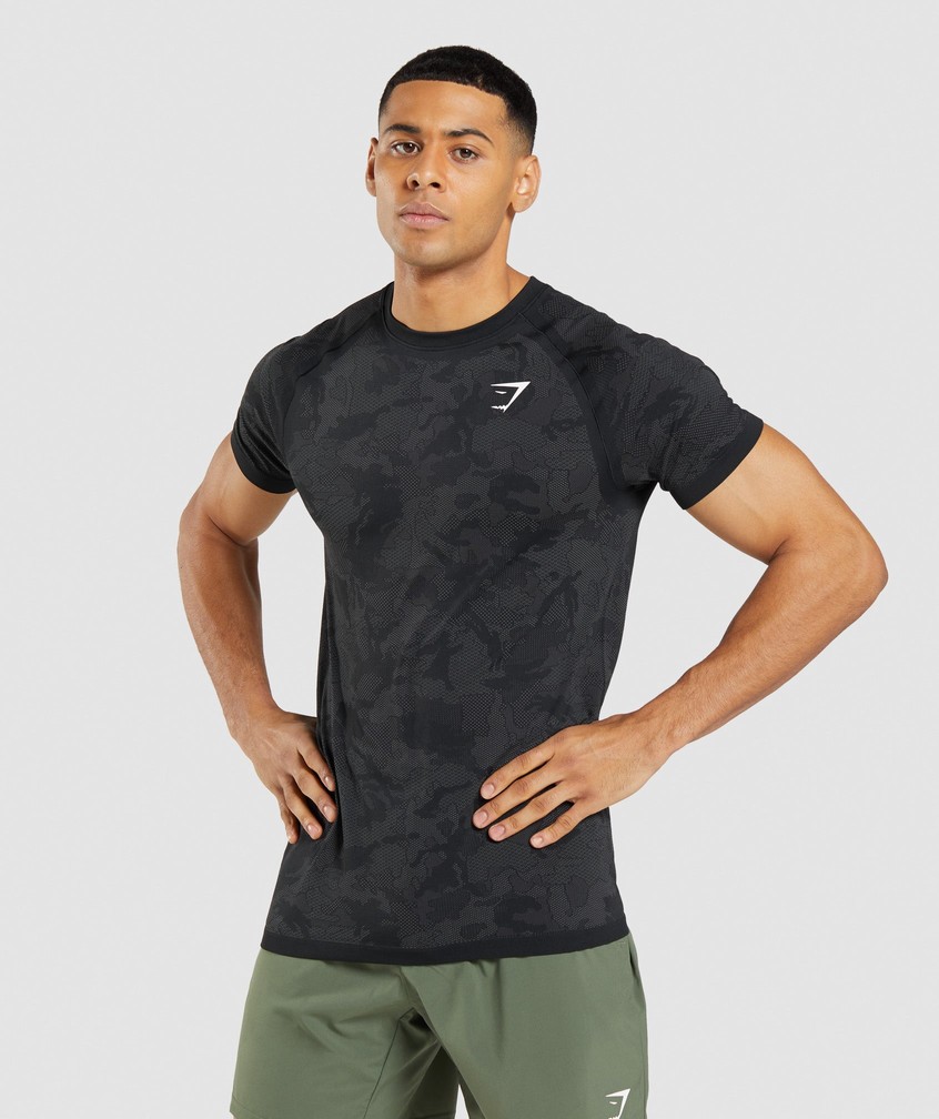 Black / Grey Men's Gymshark Geo Seamless T-Shirts | USA-08394