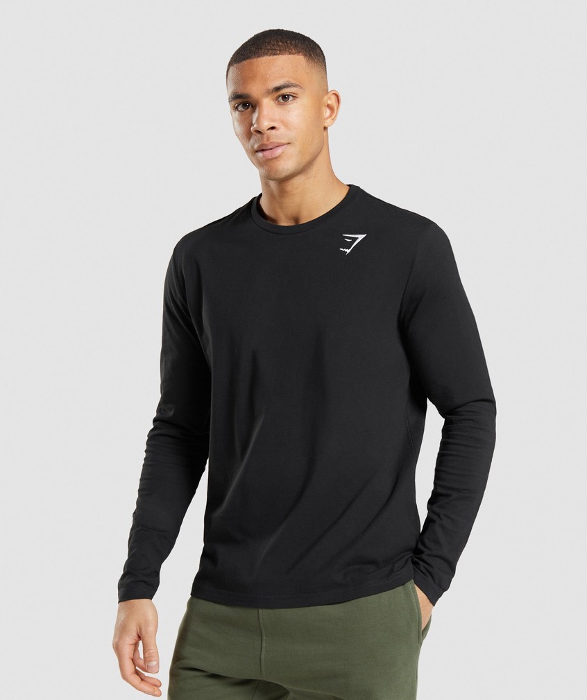 Black Men's Gymshark Crest Long Sleeve T-Shirts | USA-74891