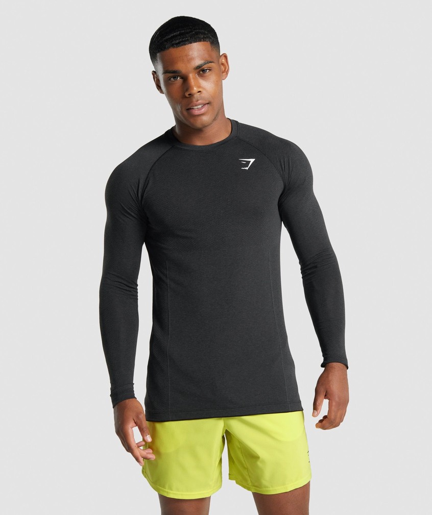 Black Men's Gymshark Vital Light Seamless Long Sleeve T-Shirts | USA-62810