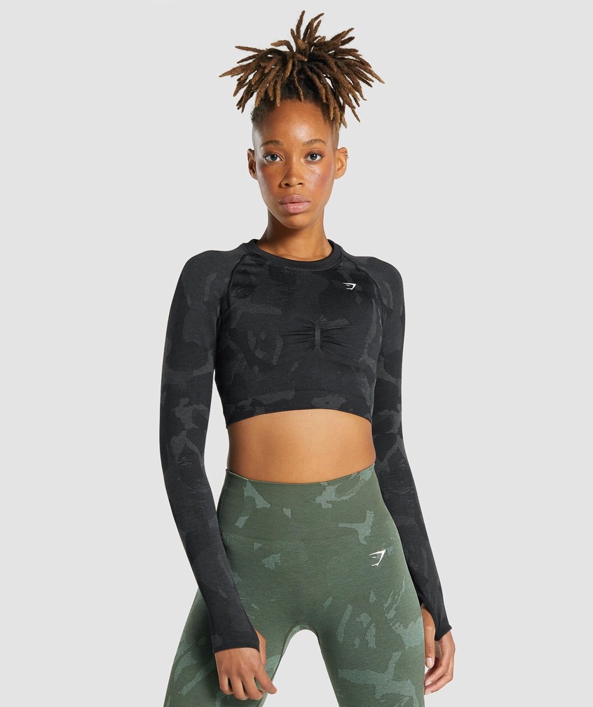 Black Women's Gymshark Adapt Camo Seamless Long Sleeve Crop Top T-Shirts | USA-86590