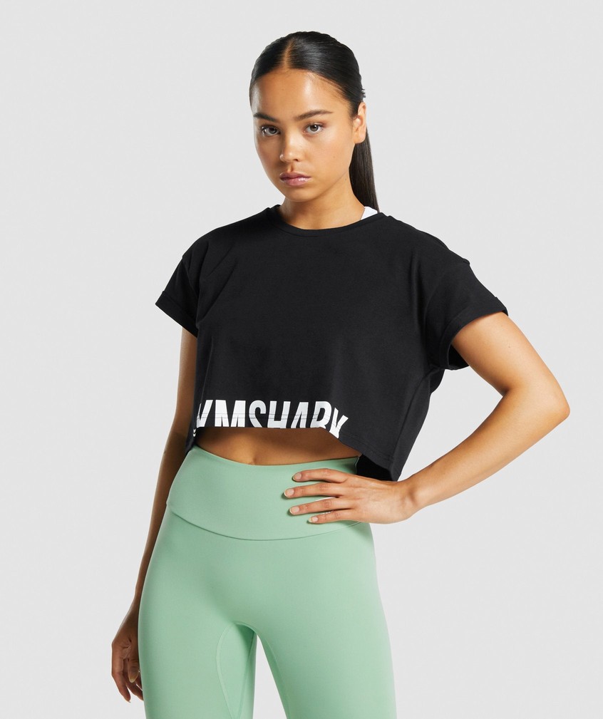 Black Women's Gymshark Fraction Crop Top T-Shirts | USA-40519