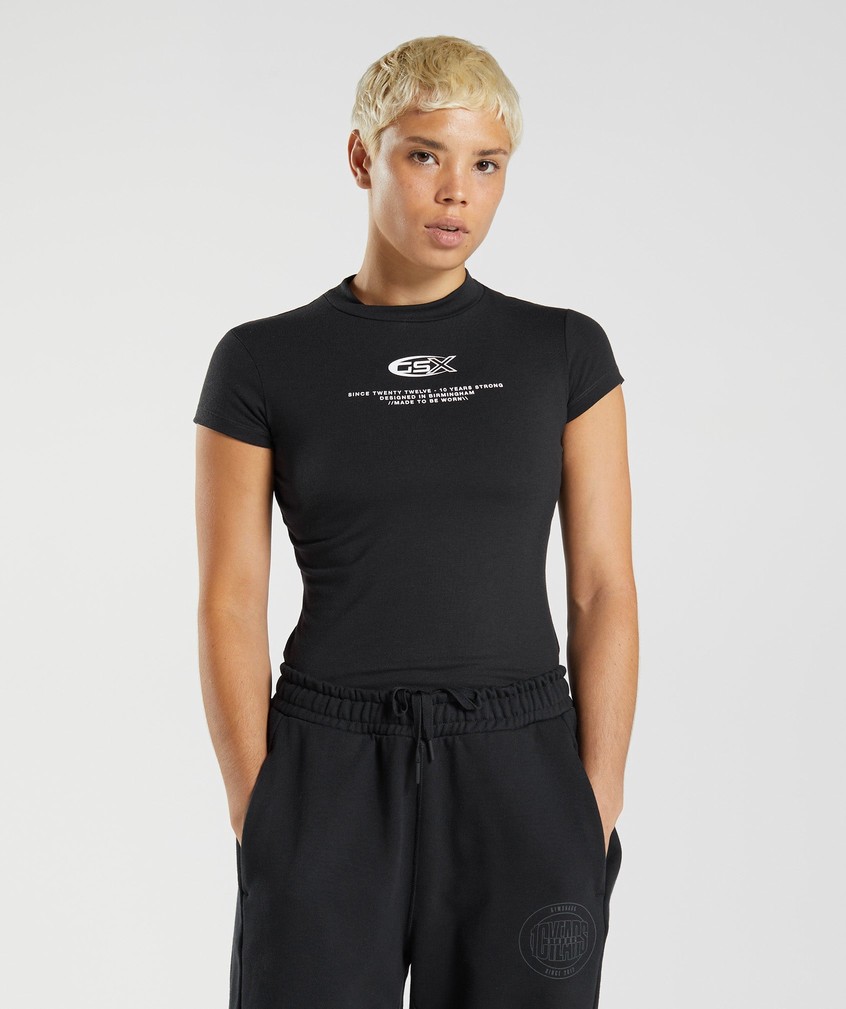 Black Women's Gymshark GS10 Year Body Fit T-Shirts | USA-08415