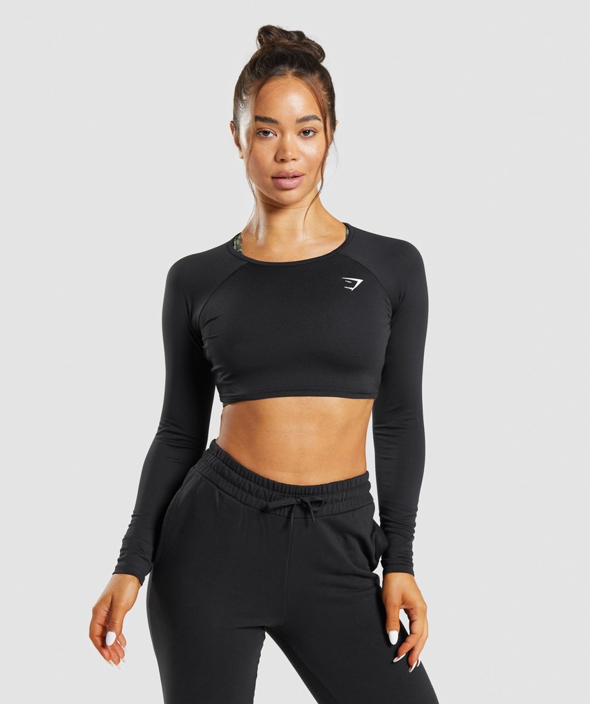 Black Women's Gymshark Training Long Sleeve Crop Top T-Shirts | USA-67580