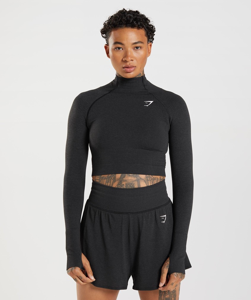 Black Women's Gymshark Vital Seamless 2.0 High Neck Midi Top T-Shirts | USA-17804