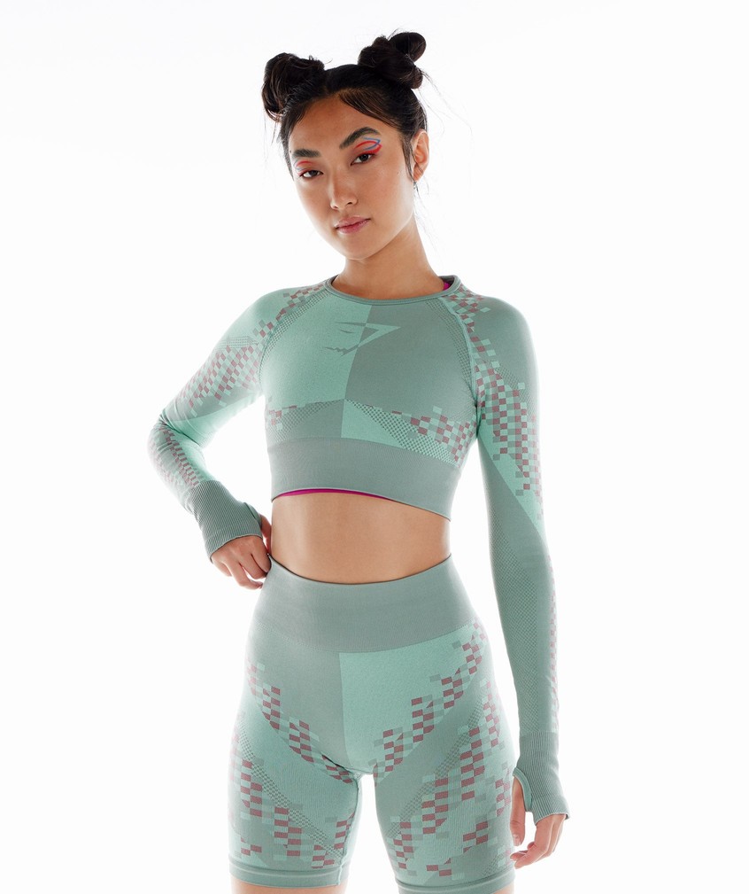 Blue / Pink Women's Gymshark Wtflex Cyborg Seamless Long Sleeve Crop Top T-Shirts | USA-08391