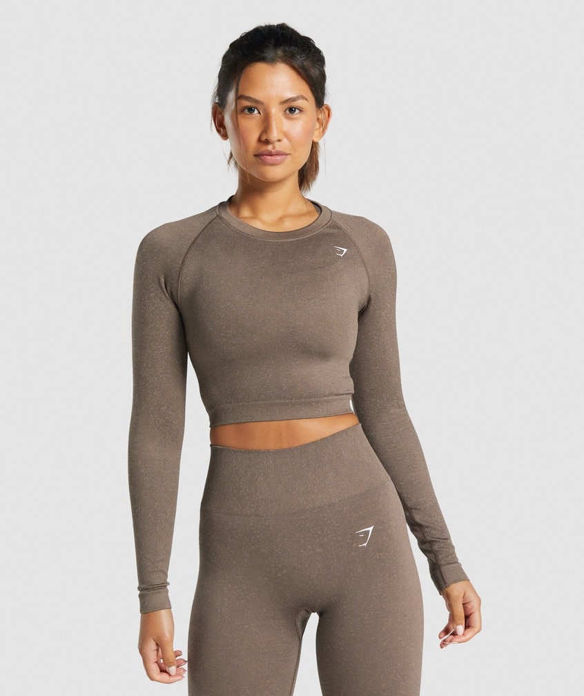 Brown Women's Gymshark Adapt Fleck Seamless Long Sleeve Crop Top T-Shirts | USA-78216