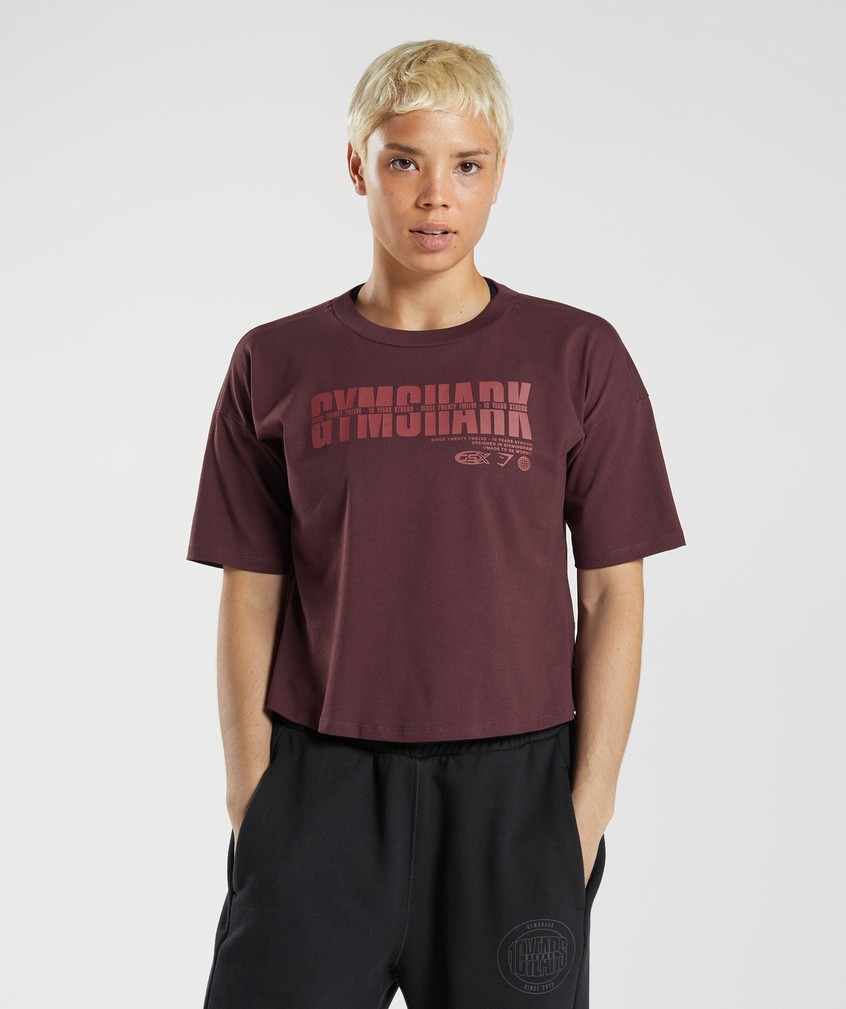 Burgundy Women's Gymshark GS10 Year Midi Top T-Shirts | USA-01739