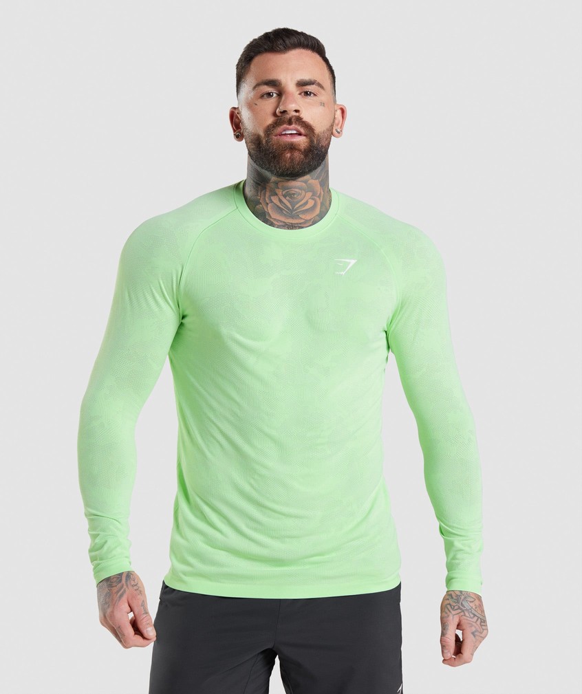 Green / White Men's Gymshark Geo Seamless Long Sleeve T-Shirts | USA-46012