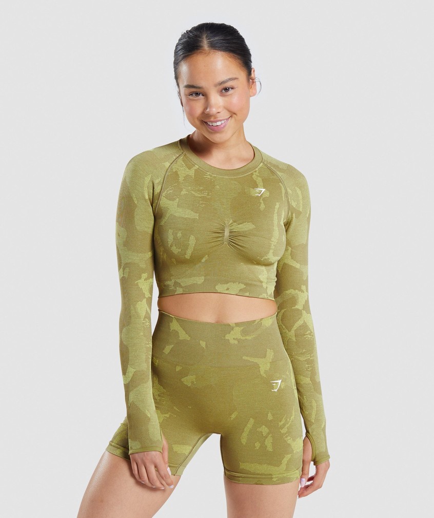 Green Women's Gymshark Adapt Camo Seamless Long Sleeve Crop Top T-Shirts | USA-42356