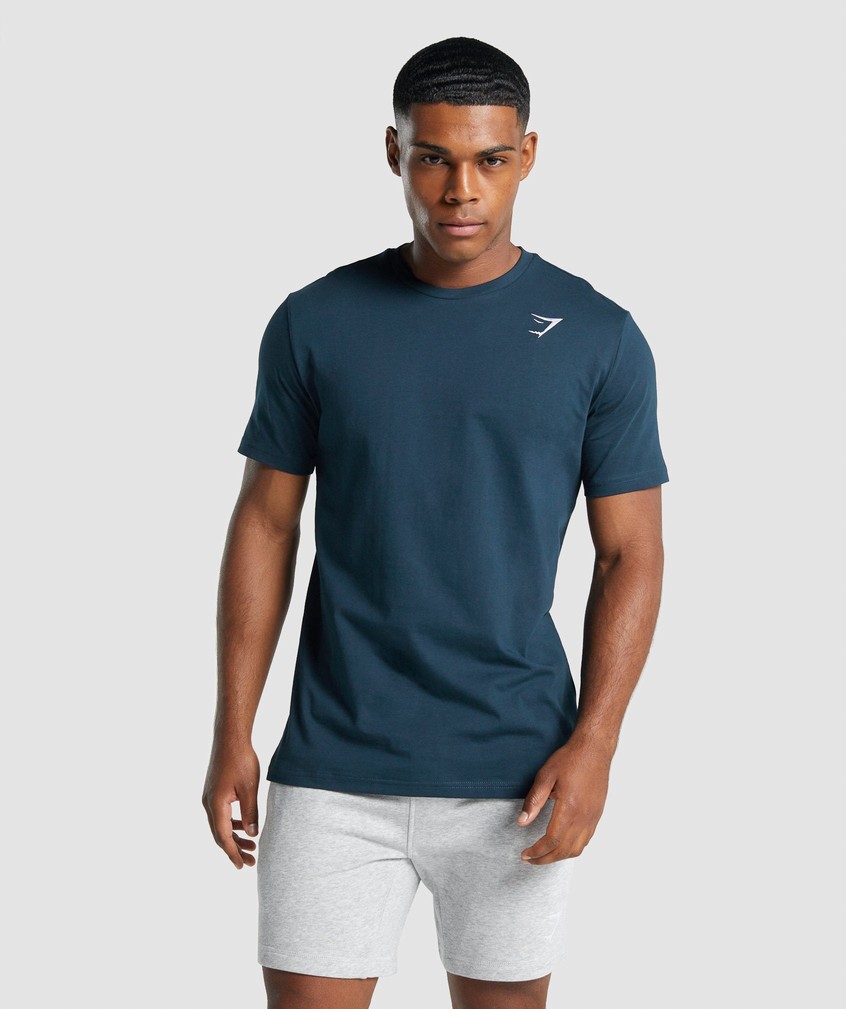 Navy Men's Gymshark Crest T-Shirts | USA-29580