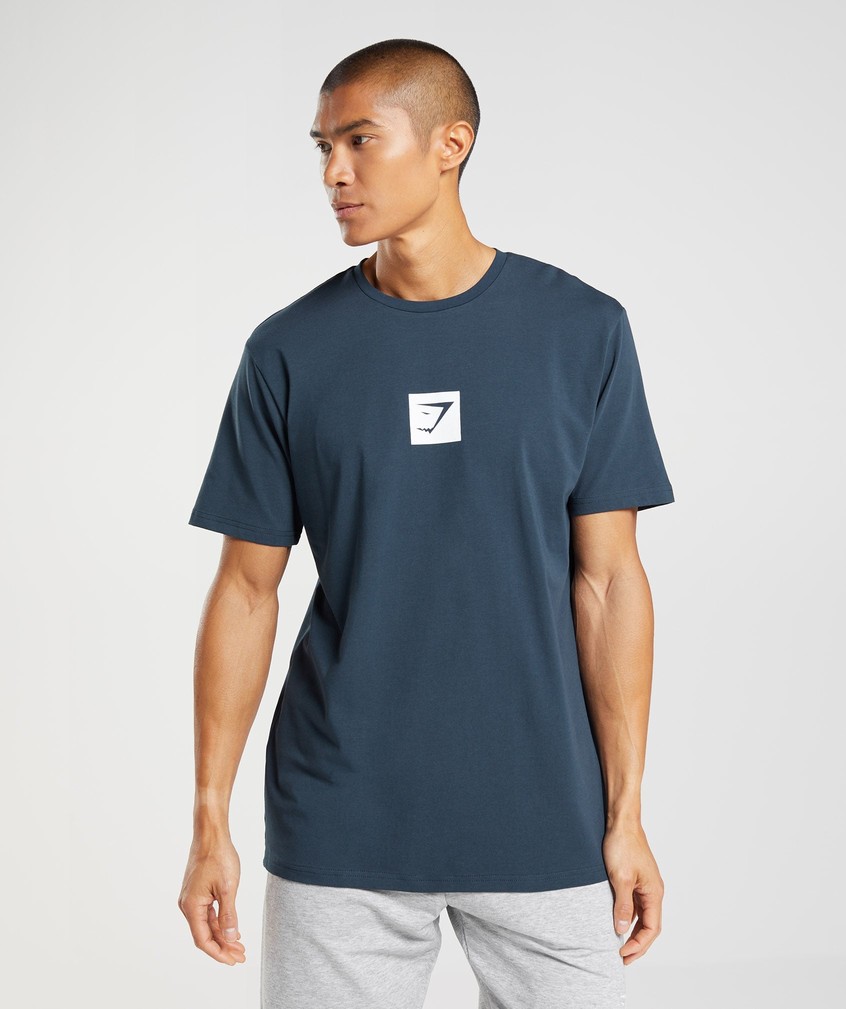 Navy Men's Gymshark Outline T-Shirts | USA-16095