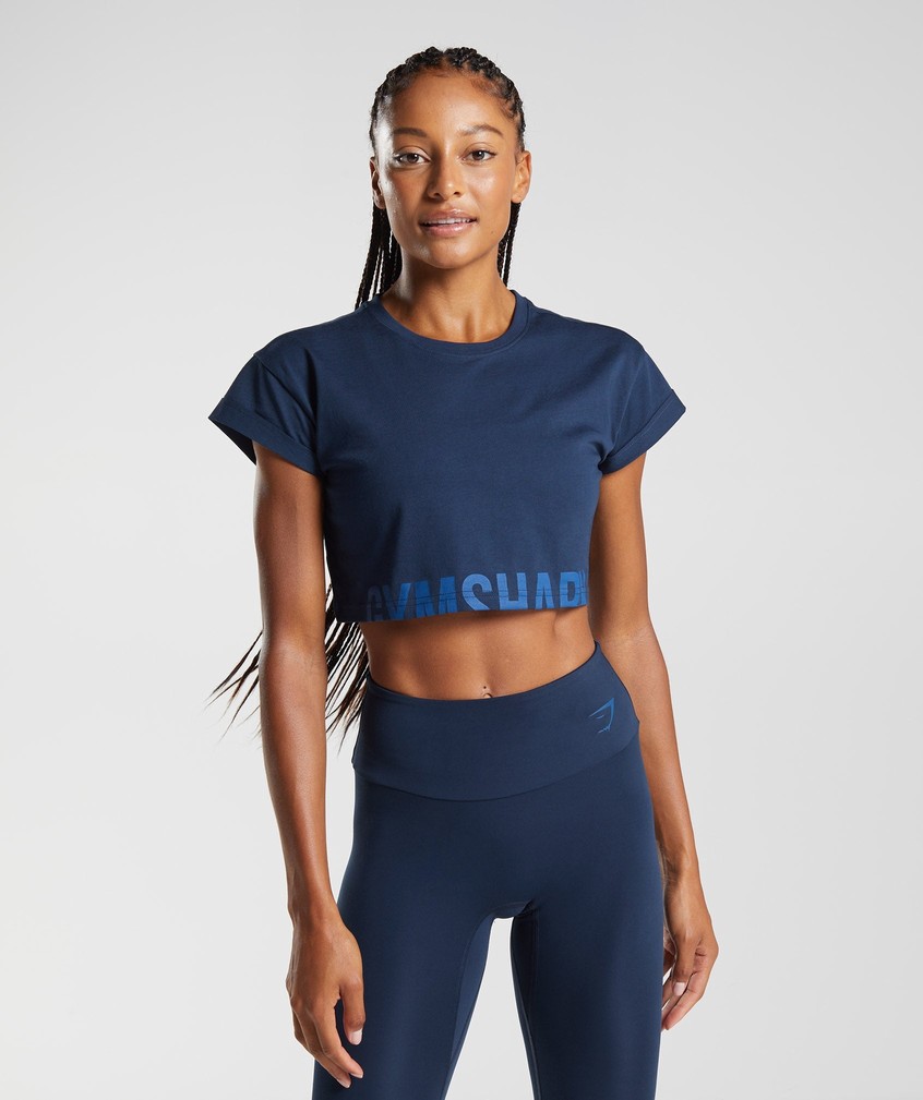 Navy Women's Gymshark Fraction Crop Top T-Shirts | USA-25318