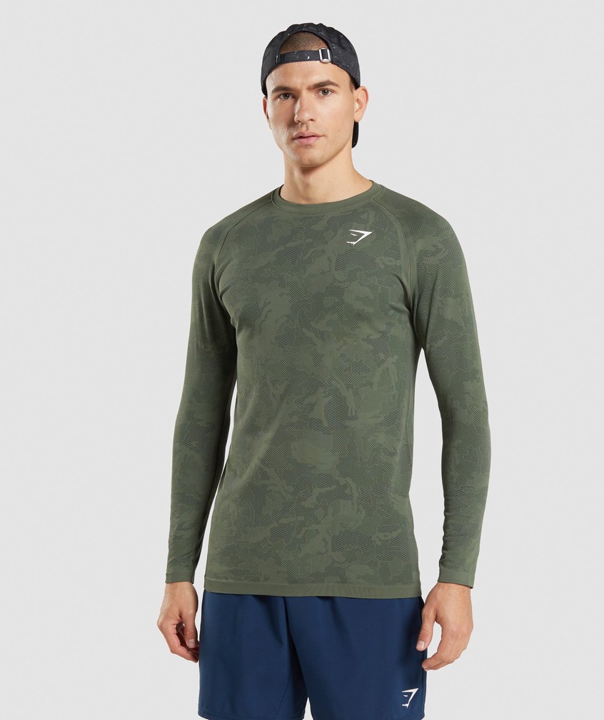 Olive / Black Men's Gymshark Geo Seamless Long Sleeve T-Shirts | USA-95684