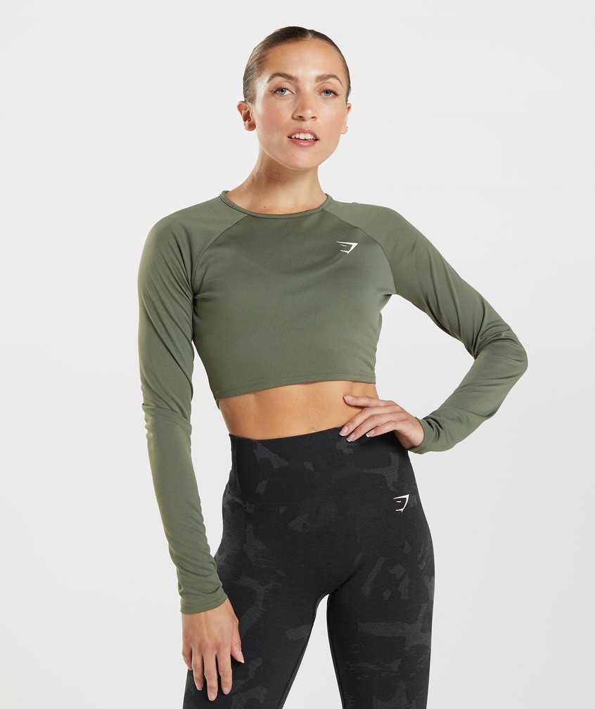 Olive Women's Gymshark Training Long Sleeve Crop Top T-Shirts | USA-04318