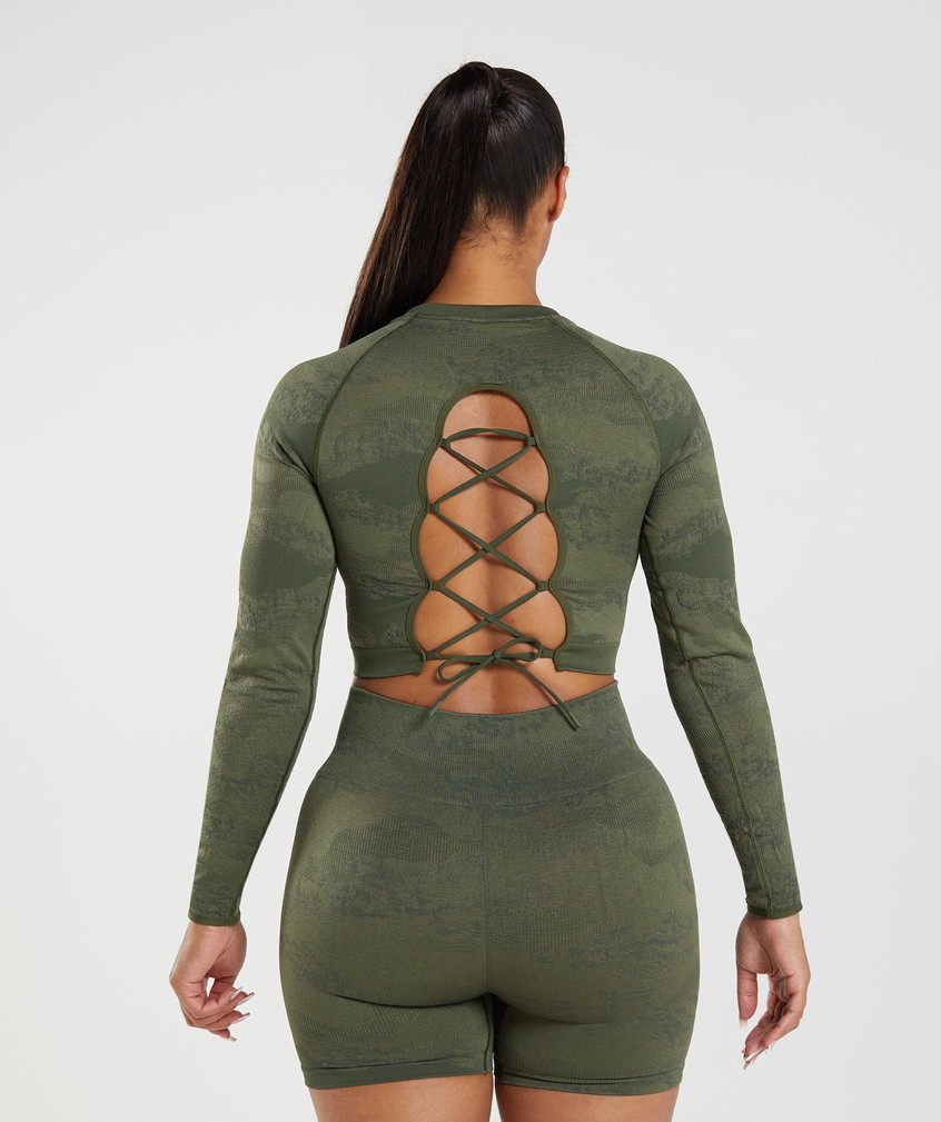 Orange / Olive Women's Gymshark Adapt Camo Seamless Lace Up Back Top T-Shirts | USA-46831