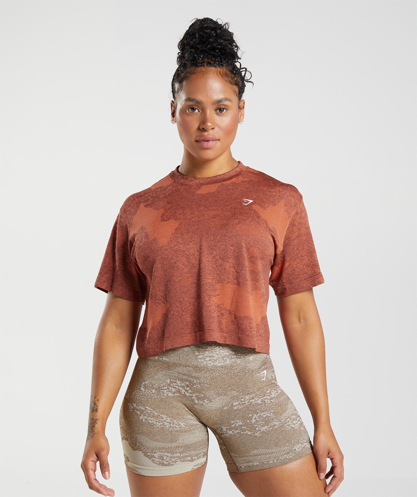 Orange / Red / Pink Brown Women's Gymshark Adapt Camo Seamless Crop Top T-Shirts | USA-79031