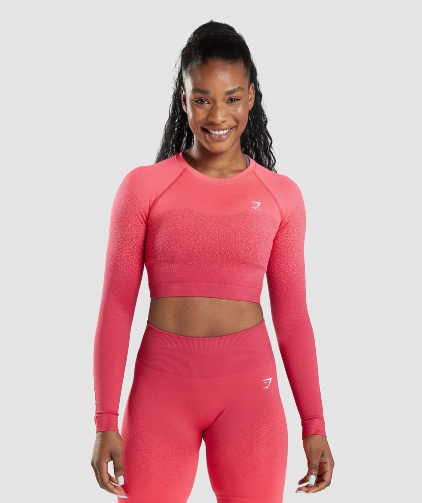 Pink / Red Women's Gymshark Adapt Ombre Seamless Long Sleeve Crop Top T-Shirts | USA-29481