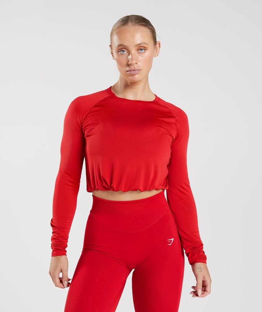 Red Women's Gymshark Sweat Seamless Long Sleeve Crop Top T-Shirts | USA-64395