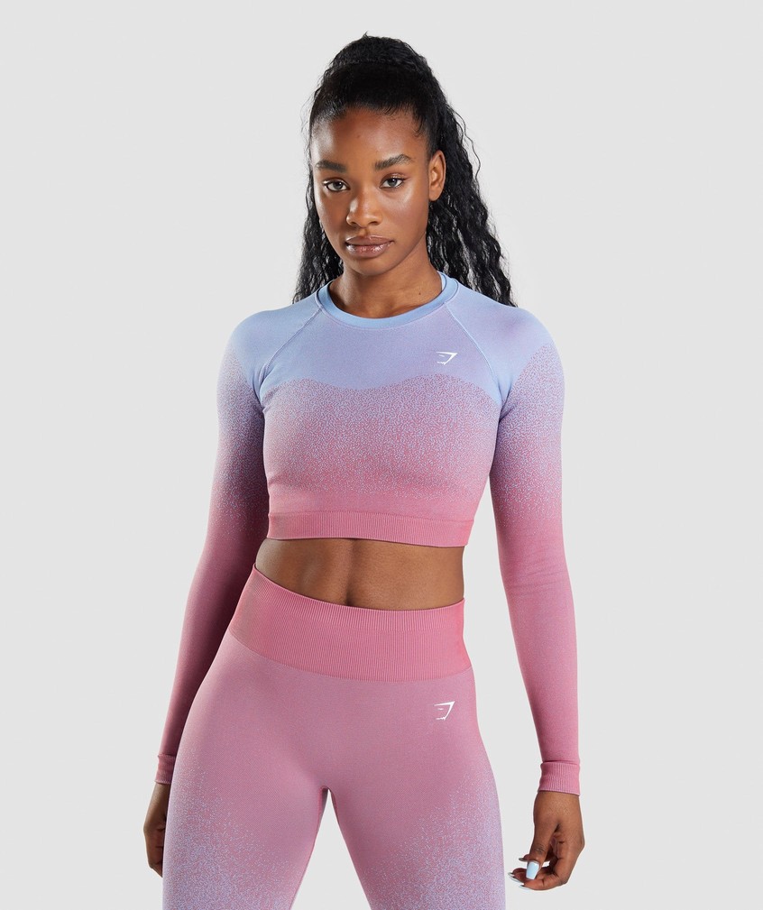 Rose Pink / Light Blue Women's Gymshark Adapt Ombre Seamless Long Sleeve Crop Top T-Shirts | USA-32754