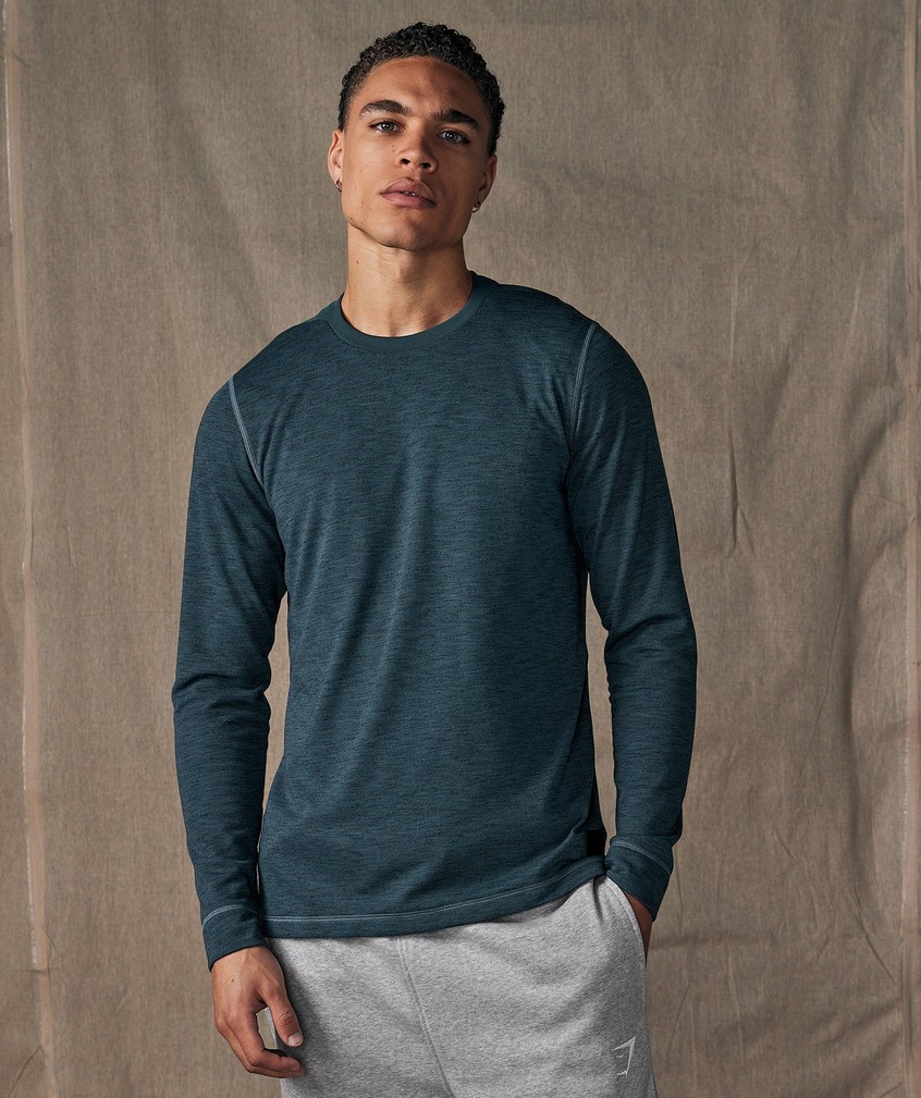 Turquoise / Black Grey Men's Gymshark Retake Long Sleeve T-Shirts | USA-90714