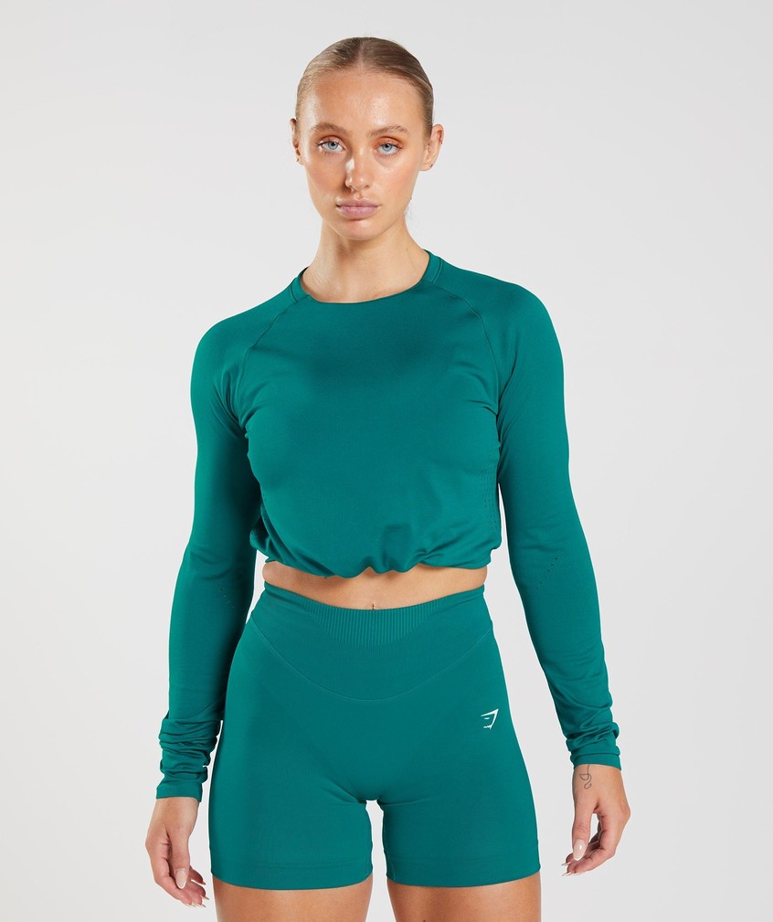 Turquoise Women's Gymshark Sweat Seamless Long Sleeve Crop Top T-Shirts | USA-30476