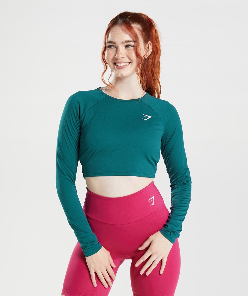 Turquoise Women's Gymshark Training Long Sleeve Crop Top T-Shirts | USA-84029