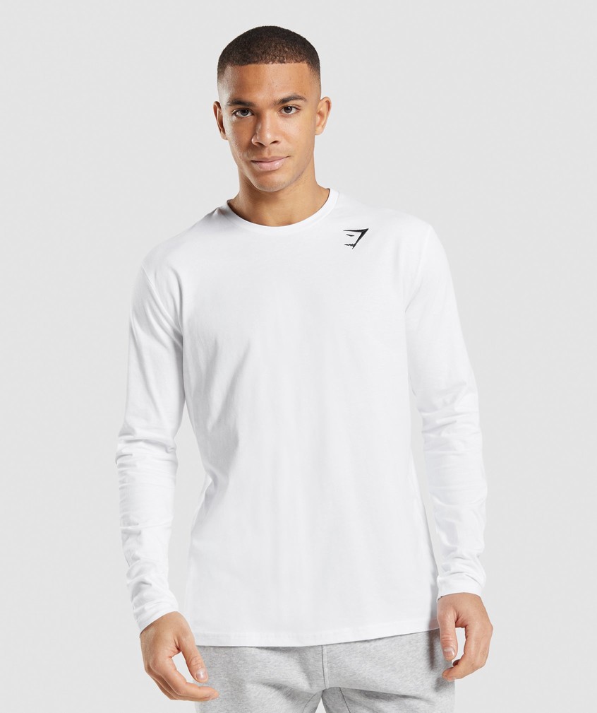 White Men's Gymshark Crest Long Sleeve T-Shirts | USA-04782