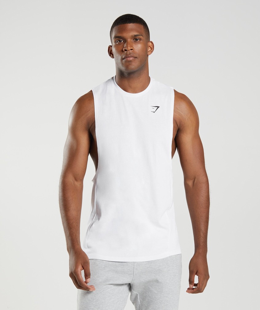 White Men's Gymshark React Drop Arm Tank | USA-41708