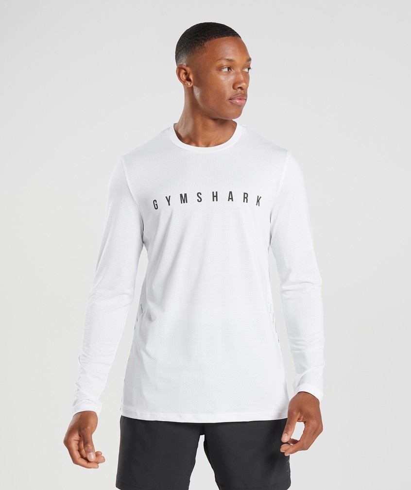 White Men's Gymshark Sport Stripe Long Sleeve T-Shirts | USA-09863