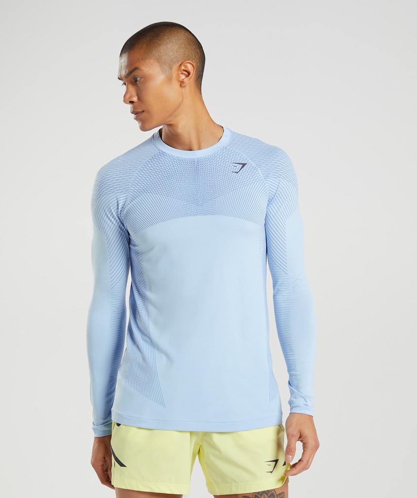 Beige Blue Men\'s Gymshark Apex Seamless Long Sleeve T-Shirts | USA-62931