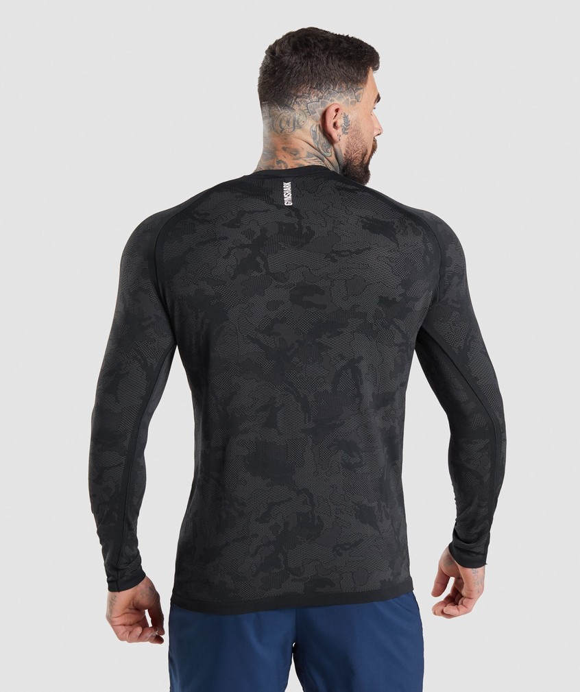 Black / Grey Men's Gymshark Geo Seamless Long Sleeve T-Shirts | USA-08236