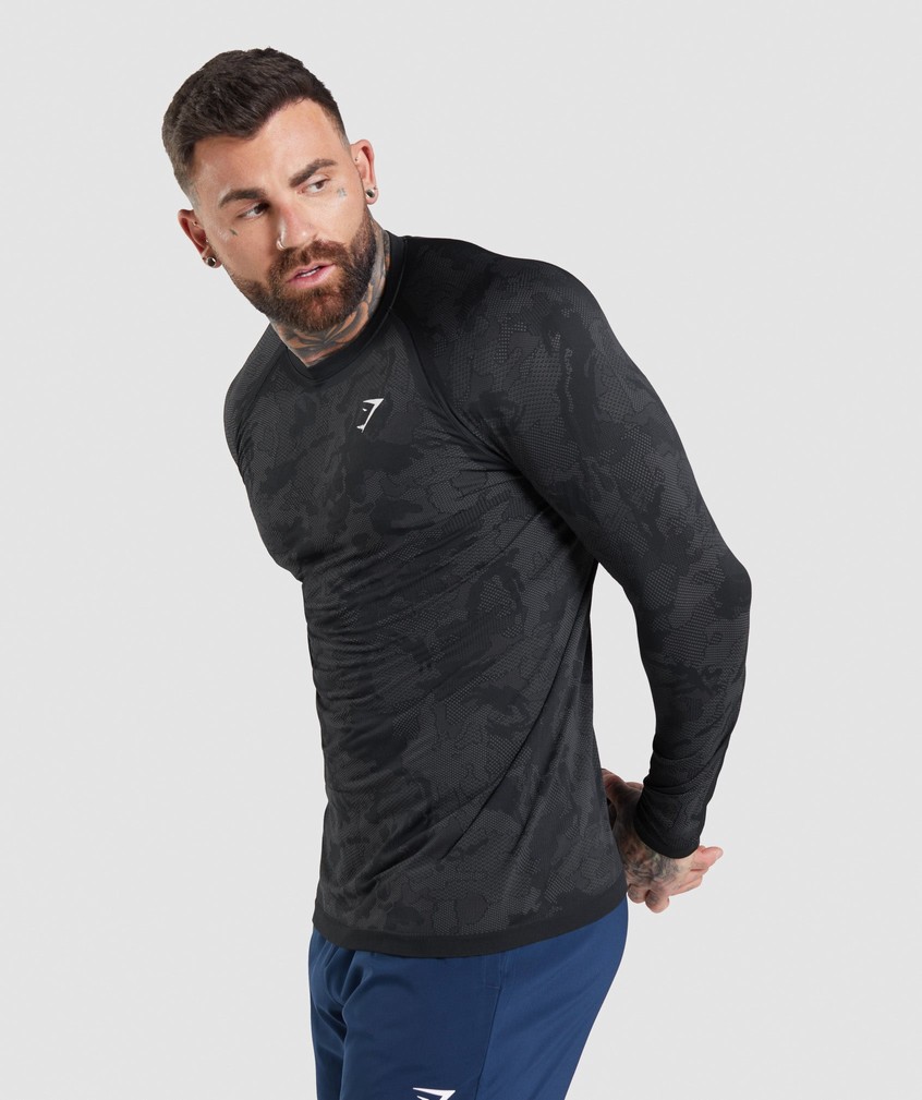 Black / Grey Men's Gymshark Geo Seamless Long Sleeve T-Shirts | USA-08236