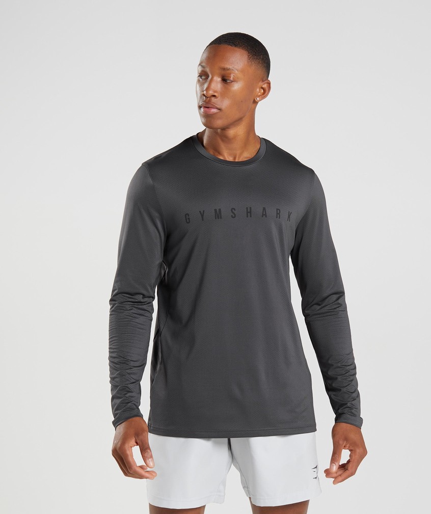 Black Grey Men\'s Gymshark Sport Stripe Long Sleeve T-Shirts | USA-79041