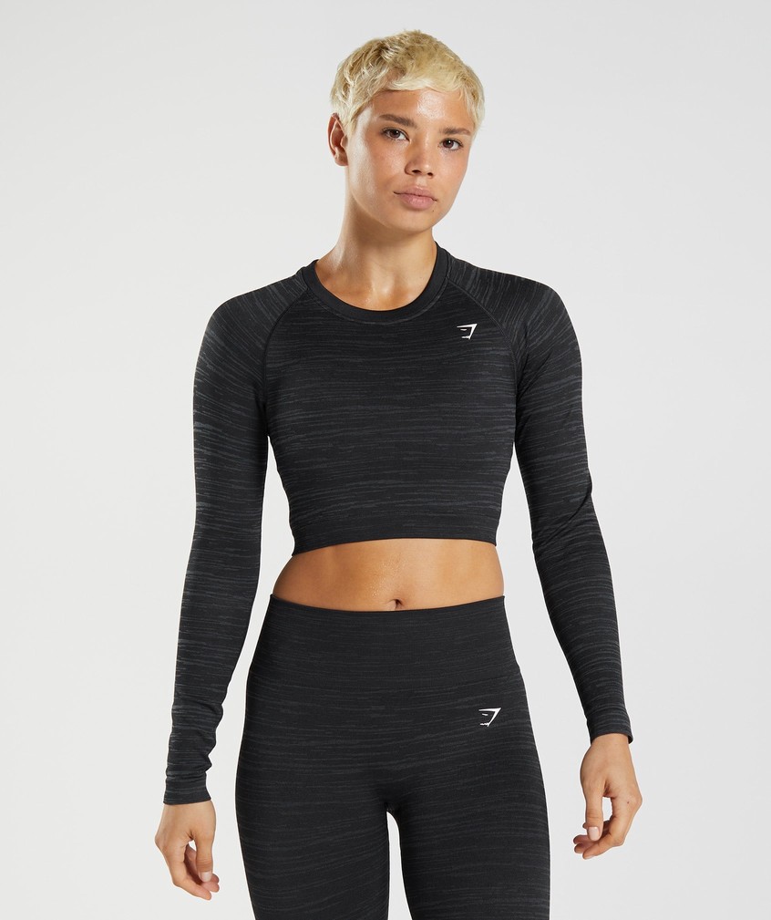 Black / Grey Women\'s Gymshark Adapt Marl Seamless Long Sleeve Crop Top T-Shirts | USA-42390