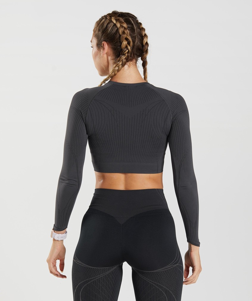 Black Grey Women's Gymshark Apex Seamless Crop Top T-Shirts | USA-53492