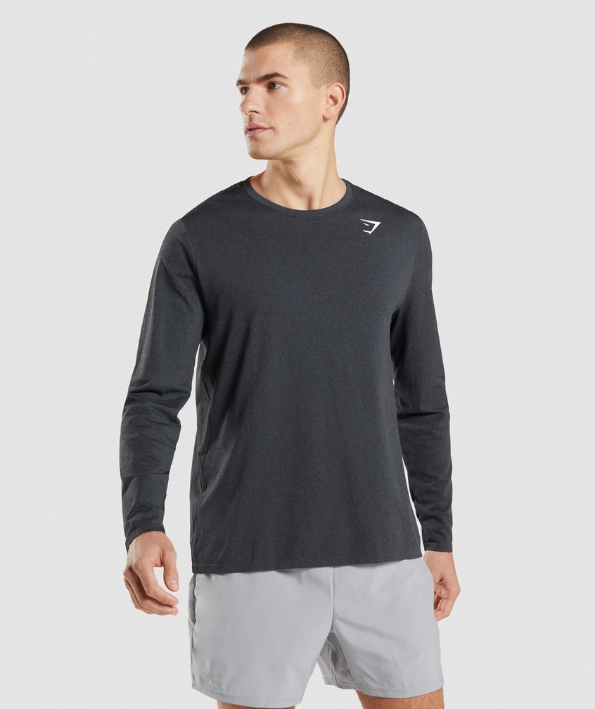 Black Men\'s Gymshark Arrival Seamless Long Sleeve T-Shirts | USA-21805