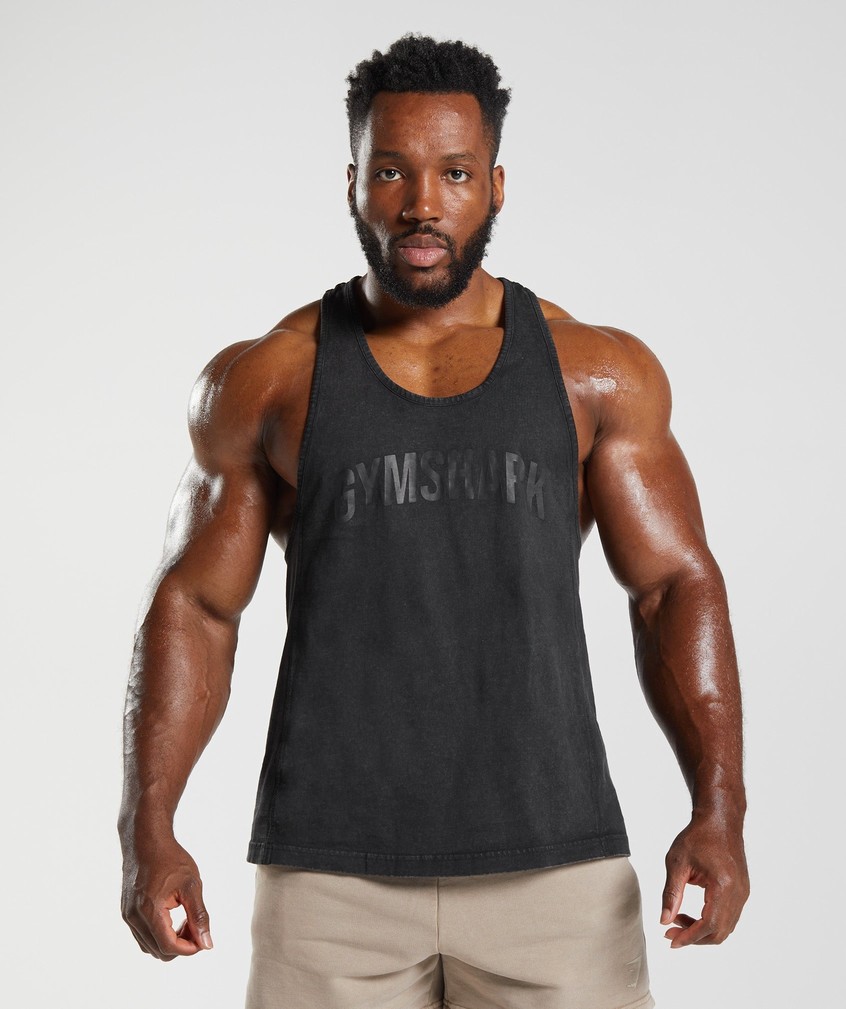 Black Men\'s Gymshark Power Washed Stringer | USA-79658