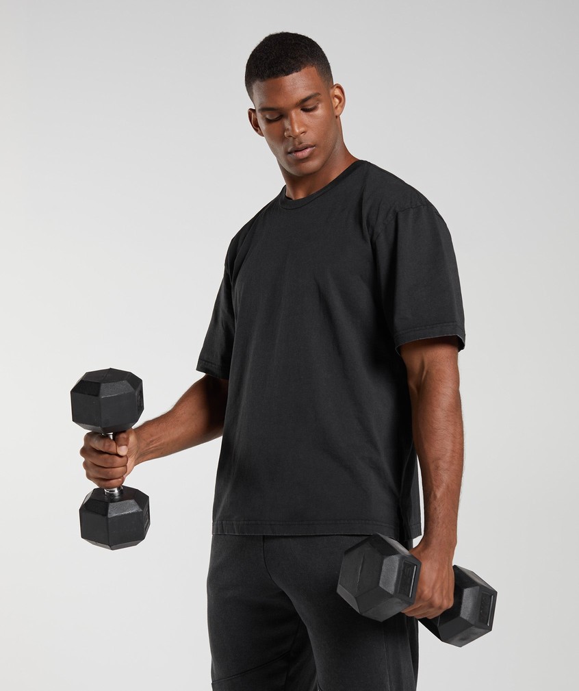 Black Men's Gymshark Power Washed T-Shirts | USA-16432