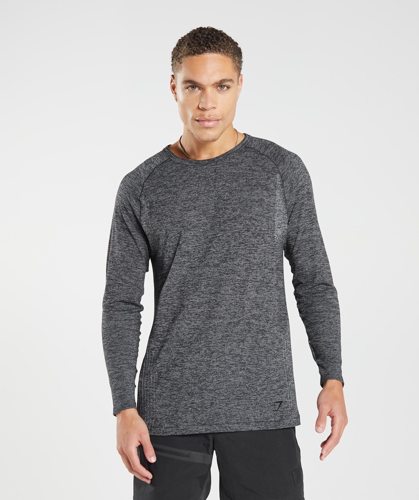 Black / White Men\'s Gymshark Retake Seamless Long Sleeve T-Shirts | USA-07281