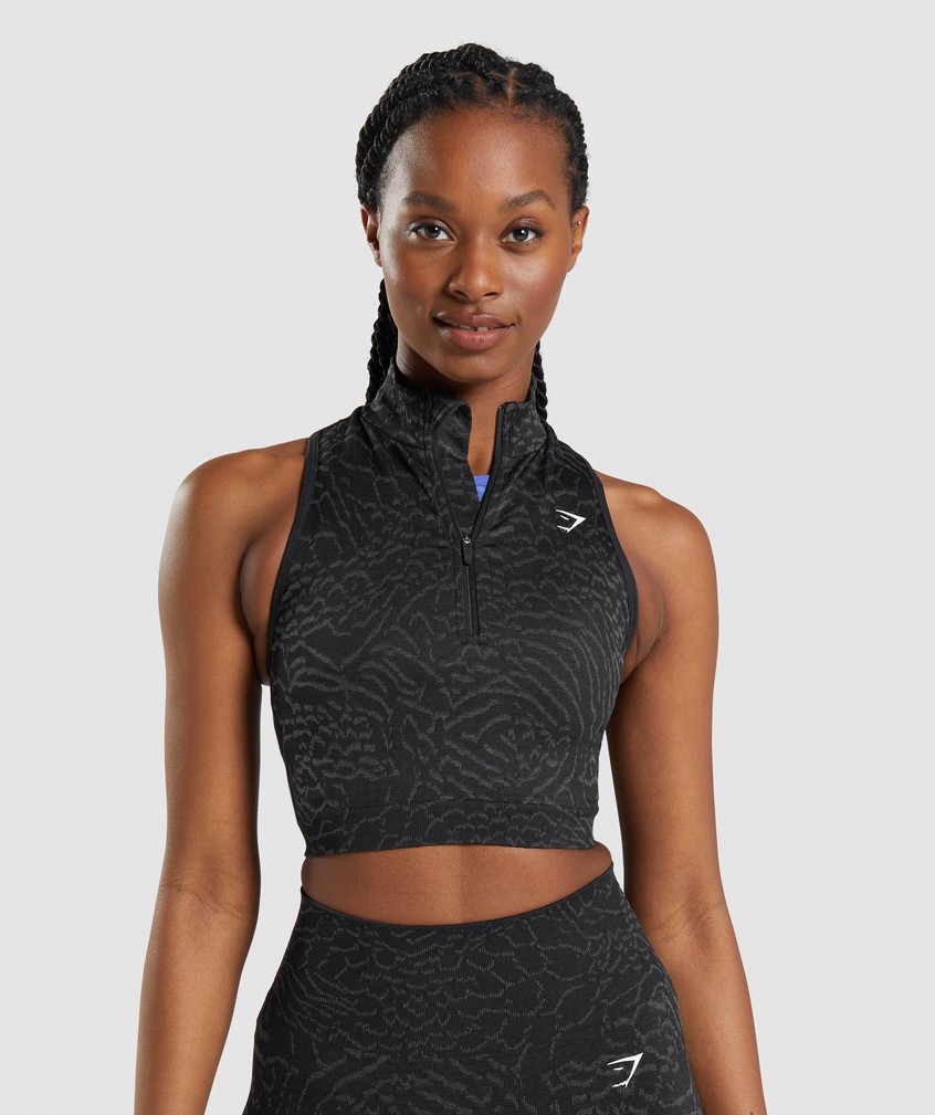 Black Women\'s Gymshark Adapt Animal Seamless Crop 1/2 Zip T-Shirts | USA-94137