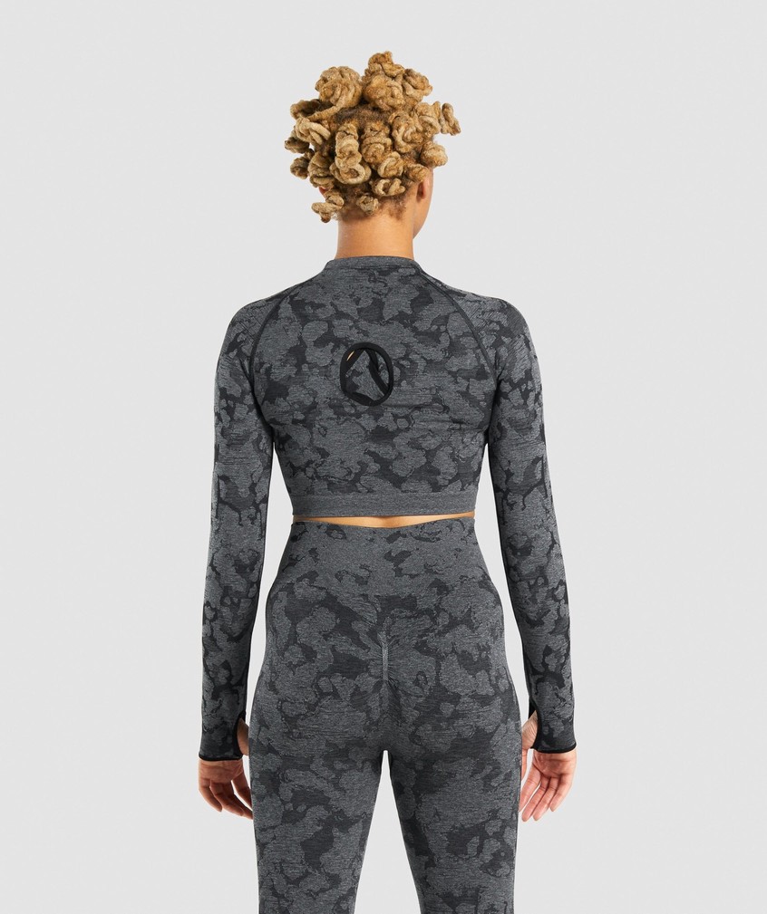 Black Women's Gymshark Adapt Camo Seamless Long Sleeve Crop Top T-Shirts | USA-73659