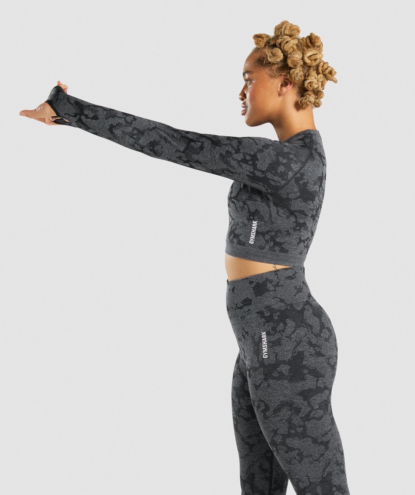 Black Women's Gymshark Adapt Camo Seamless Long Sleeve Crop Top T-Shirts | USA-73659