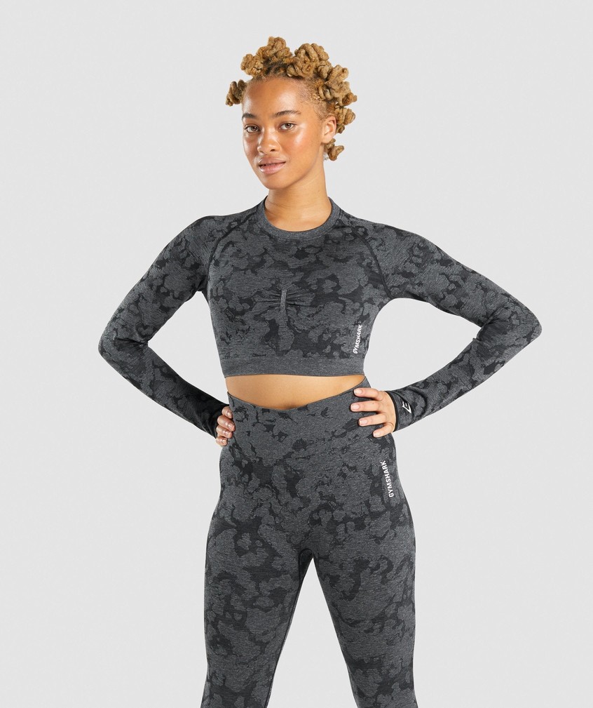 Black Women\'s Gymshark Adapt Camo Seamless Long Sleeve Crop Top T-Shirts | USA-73659