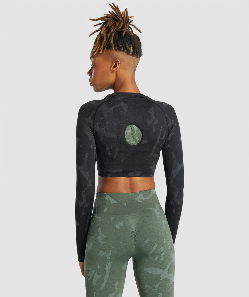 Black Women's Gymshark Adapt Camo Seamless Long Sleeve Crop Top T-Shirts | USA-86590