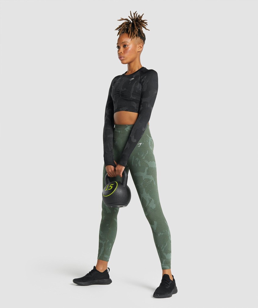 Black Women's Gymshark Adapt Camo Seamless Long Sleeve Crop Top T-Shirts | USA-86590