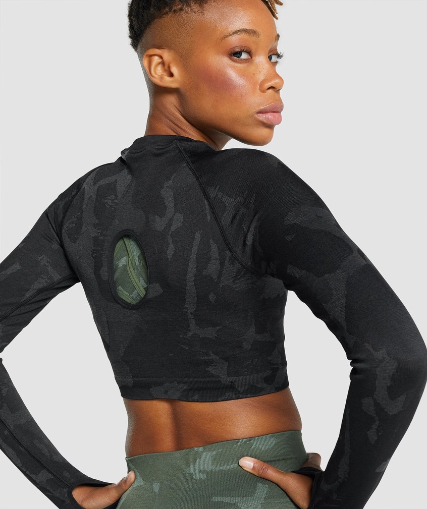 Black Women's Gymshark Adapt Camo Seamless Long Sleeve Crop Top T-Shirts | USA-86590