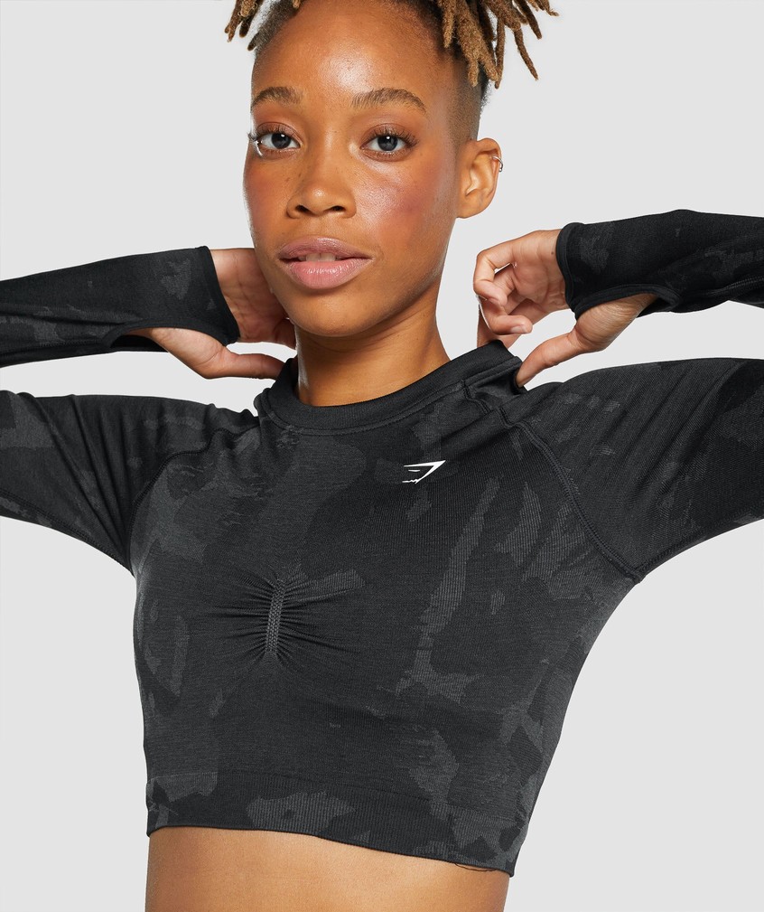 Black Women's Gymshark Adapt Camo Seamless Long Sleeve Crop Top T-Shirts | USA-86590