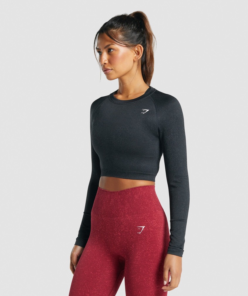 Black Women's Gymshark Adapt Fleck Seamless Long Sleeve Crop Top T-Shirts | USA-09465