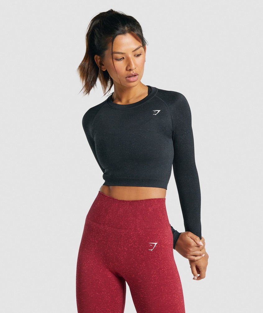 Black Women\'s Gymshark Adapt Fleck Seamless Long Sleeve Crop Top T-Shirts | USA-09465